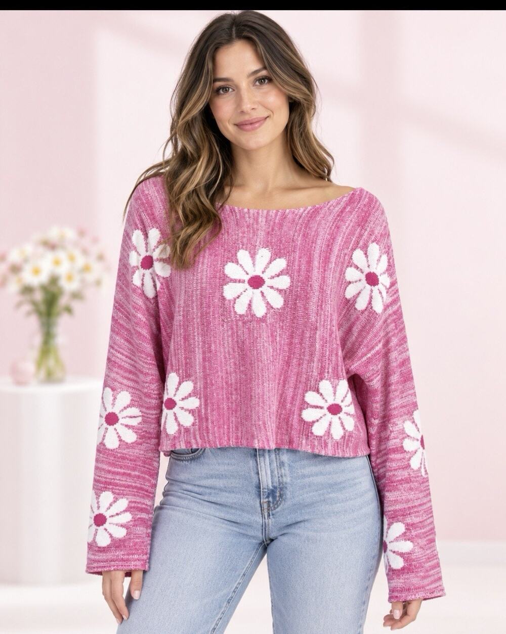 Altar’d State Pink Daisy Sweater Women M Cropped Oversized Cotton Floral Y2K